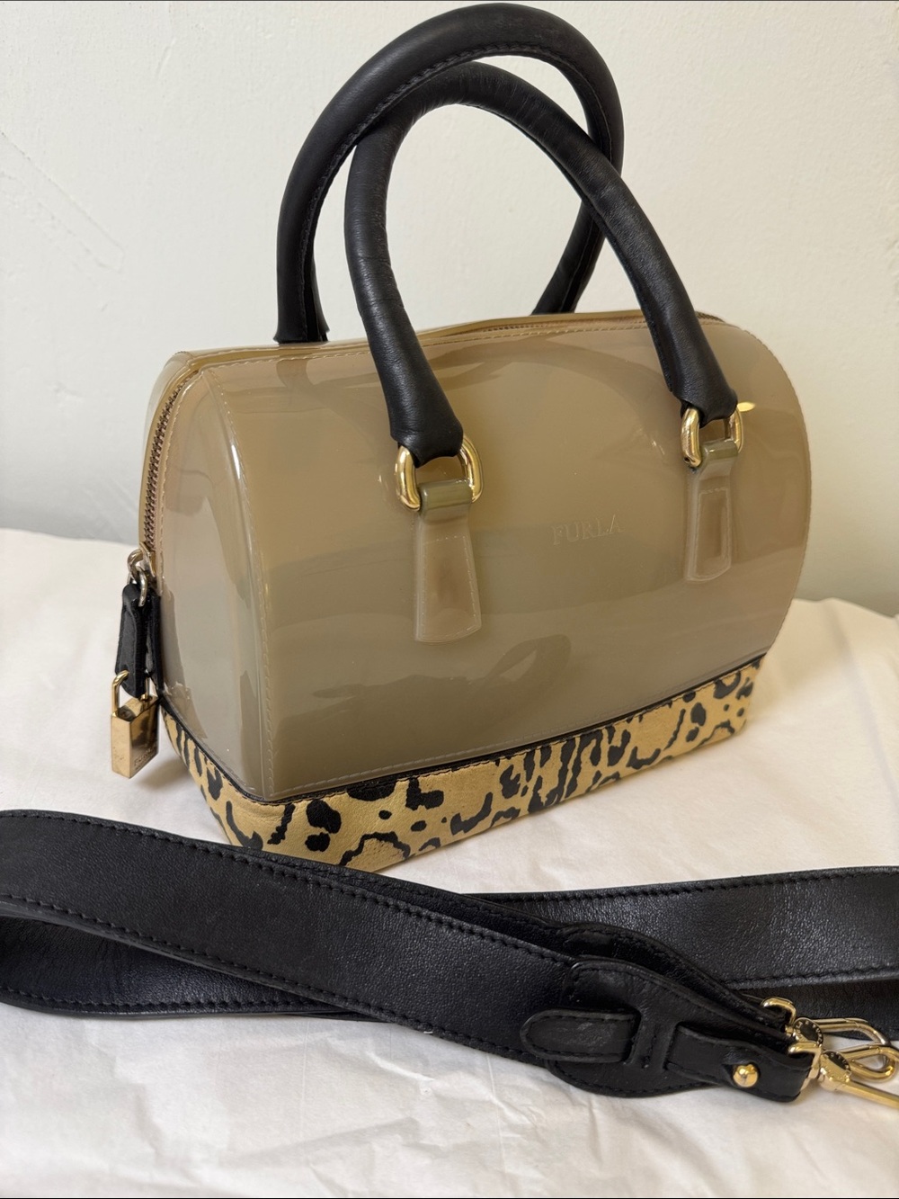 Furla Jelly Candy Bag beige with leopard print top handle and strap